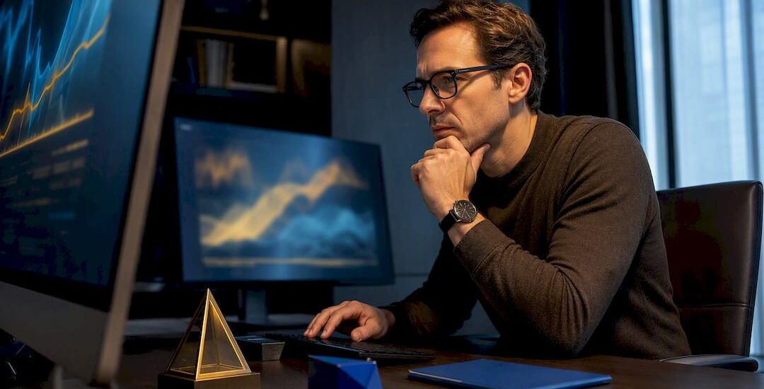 AI market intelligence workstation with abstract screens