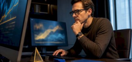 AI market intelligence workstation with abstract screens