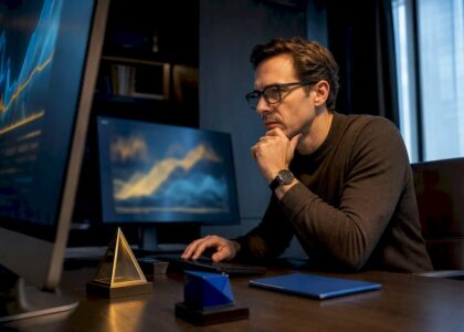 AI market intelligence workstation with abstract screens