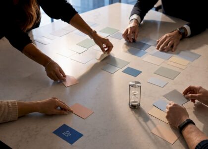 Hands arranging strategic roadmap initiatives