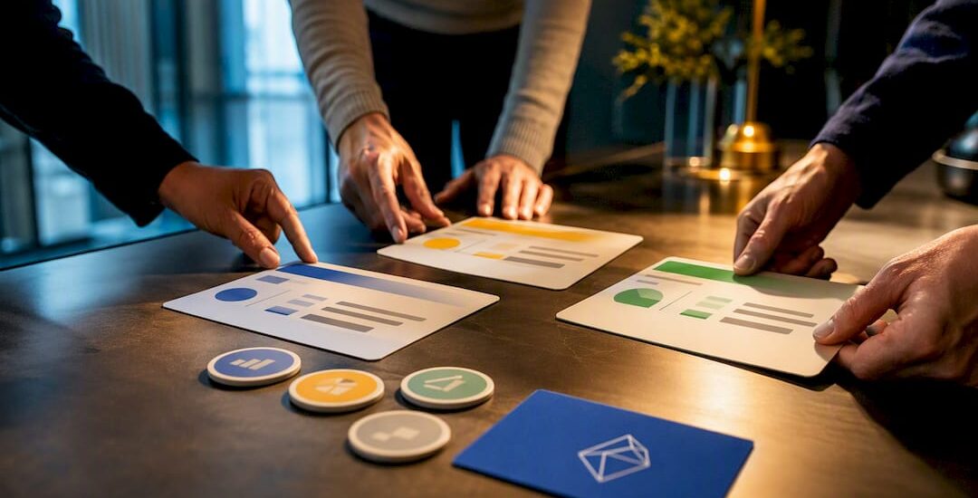 Marketing team arranging quarterly objective cards