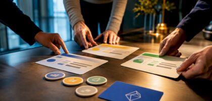 Marketing team arranging quarterly objective cards