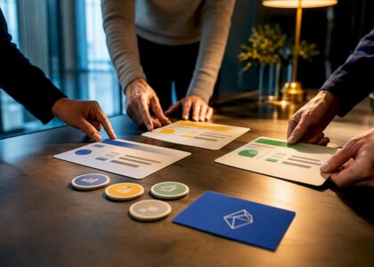 Marketing team arranging quarterly objective cards