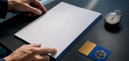 Executive briefing sheet beside a stopwatch