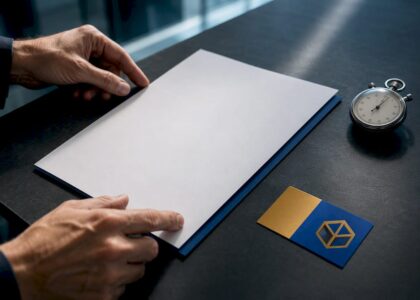 Executive briefing sheet beside a stopwatch