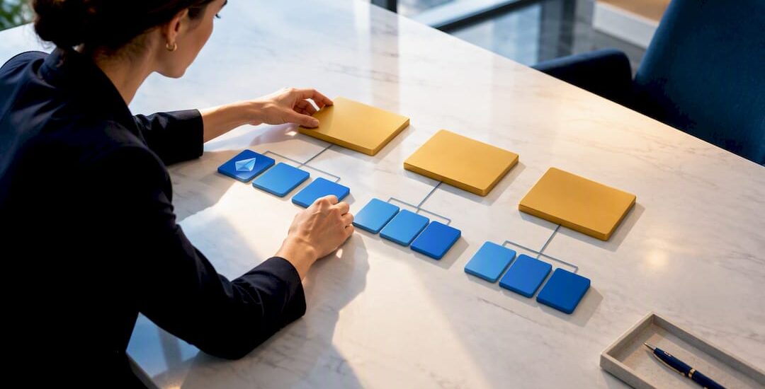 Outcome tiles arranged in an OKR cascade