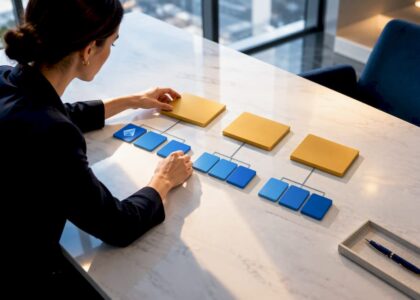 Outcome tiles arranged in an OKR cascade